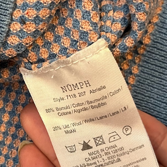 Numph Anthropologie Womens S/M Sweater Blue Pink Dotted Short Sleeve Cotton Wool - Picture 6 of 8